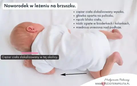 Noworodek w leżeniu na brzuszku z nieprawidłowym ułożeniem: ciężar ciała wysoko, główka na policzku, nóżki zgięte.
