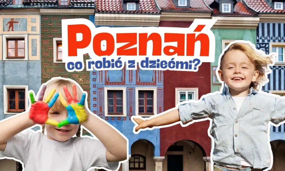 Poznań: kolorowe ręce dziecka i uśmiechnięty chłopiec na tle kamienic. Idealne atrakcje dla dzieci w Poznaniu!