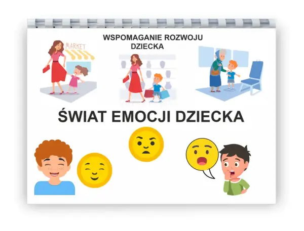 Ilustracja pokazuje 3 letnie dziecko w różnych sytuacjach, towarzyszące mu emocje i wspieranie rozwoju.