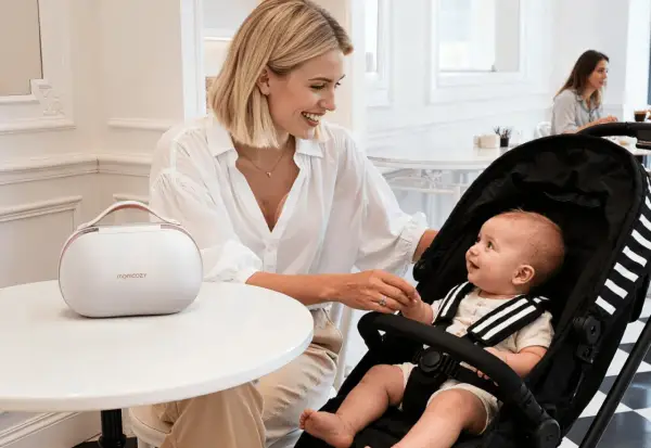Uśmiechnięta mama z niemowlakiem w wózku, przygotowująca się do sylwestra. Obok biała torba Momcozy.