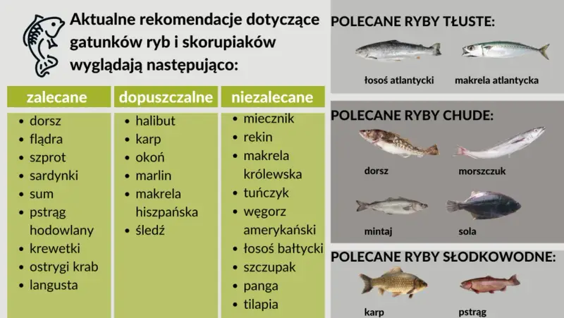 Rekomendacje ryb dla dzieci: dorsz, flądra, sardynki, pstrąg. Polecane ryby tłuste, chude i słodkowodne.